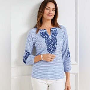 Talbots Embroidered Peasant Top Harbor Stripe 3/4 Sleeve Boho Nautical Petite L
